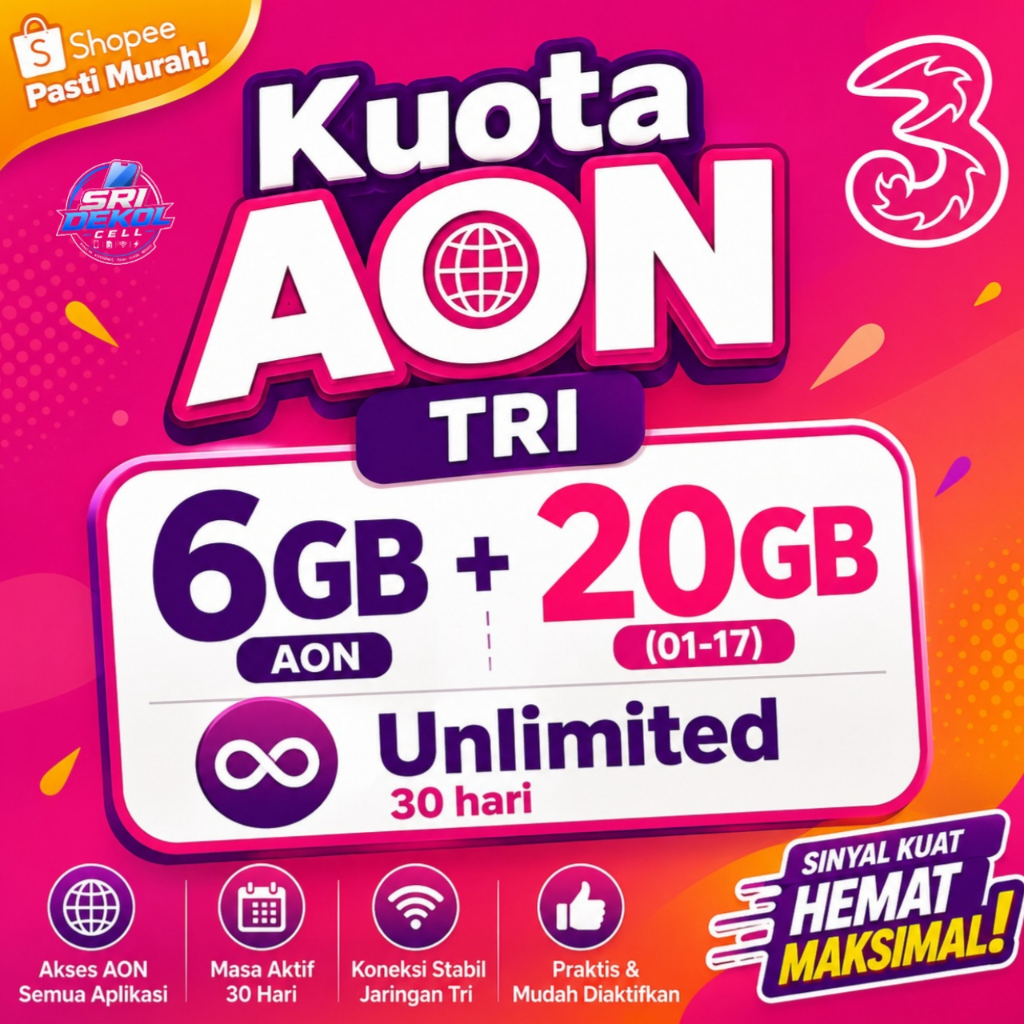 Kuota AON TRI 6GB + 20GB Unlimited 30 Hari | Paket Internet 3 Murah | Isi Ulang |