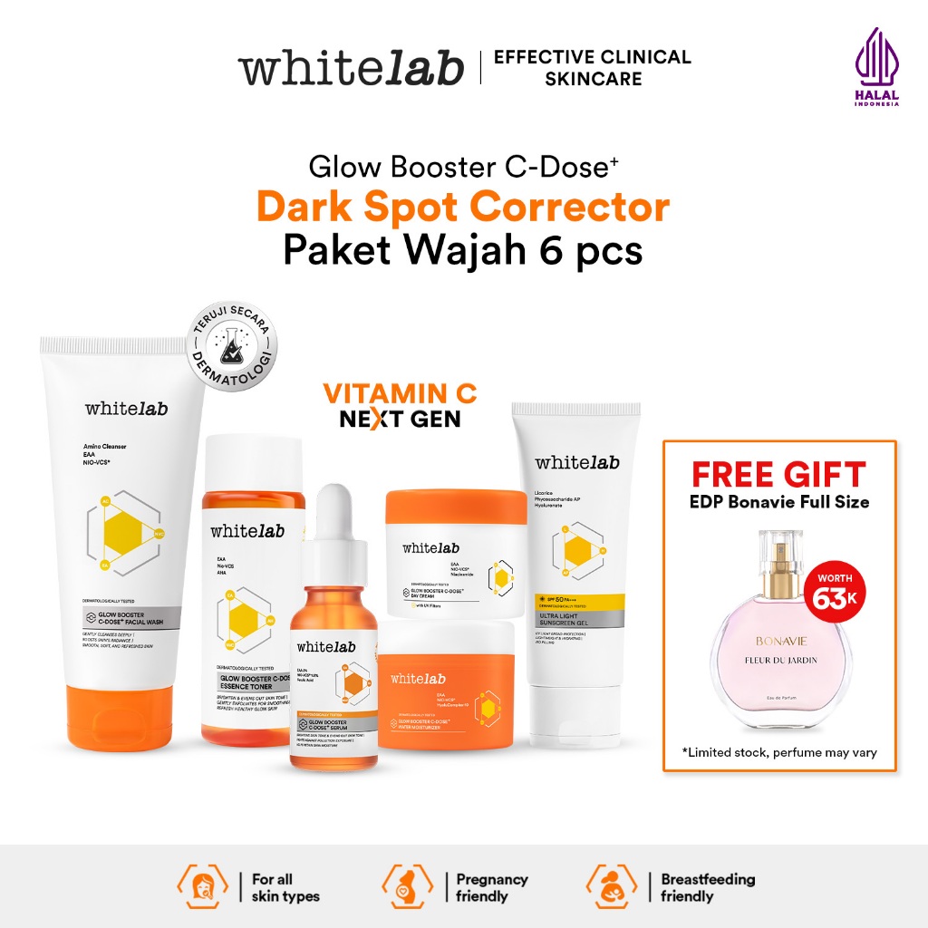 Whitelab 6 pcs Glow Booster C-Dose+ Brightening Paket Wajah - Facial Wash, Toner, Serum, Moisturizer