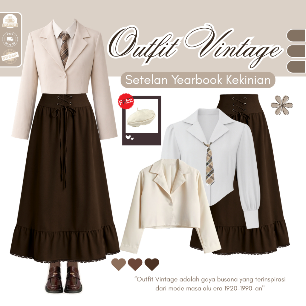 Baju Setelan Vintage Wanita Korean Style ( Kemeja Crop + Blazer Adara + Rok Cheyl ) Outfit Vintage Y
