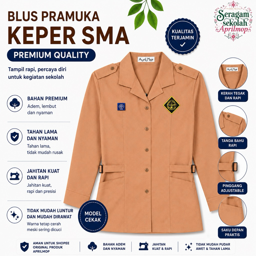 Blus Pramuka Keper SMA lengan panjang Wanita Premium APRILMOP | Baju Pramuka SMA Lengan Panjang Form
