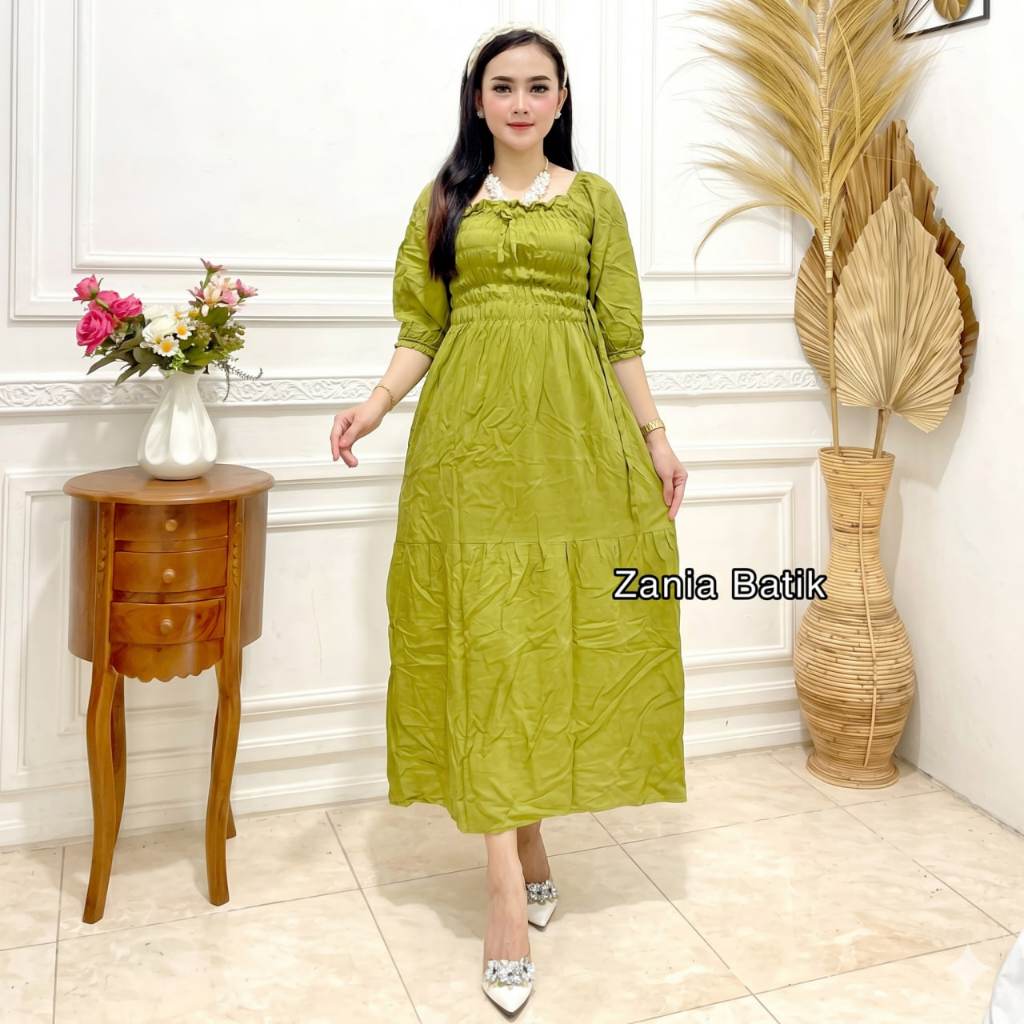 Baju Daster Dress Panjang Remaja Kekinian Aksen Kerut Dada Rayon Tebal Premium Adem