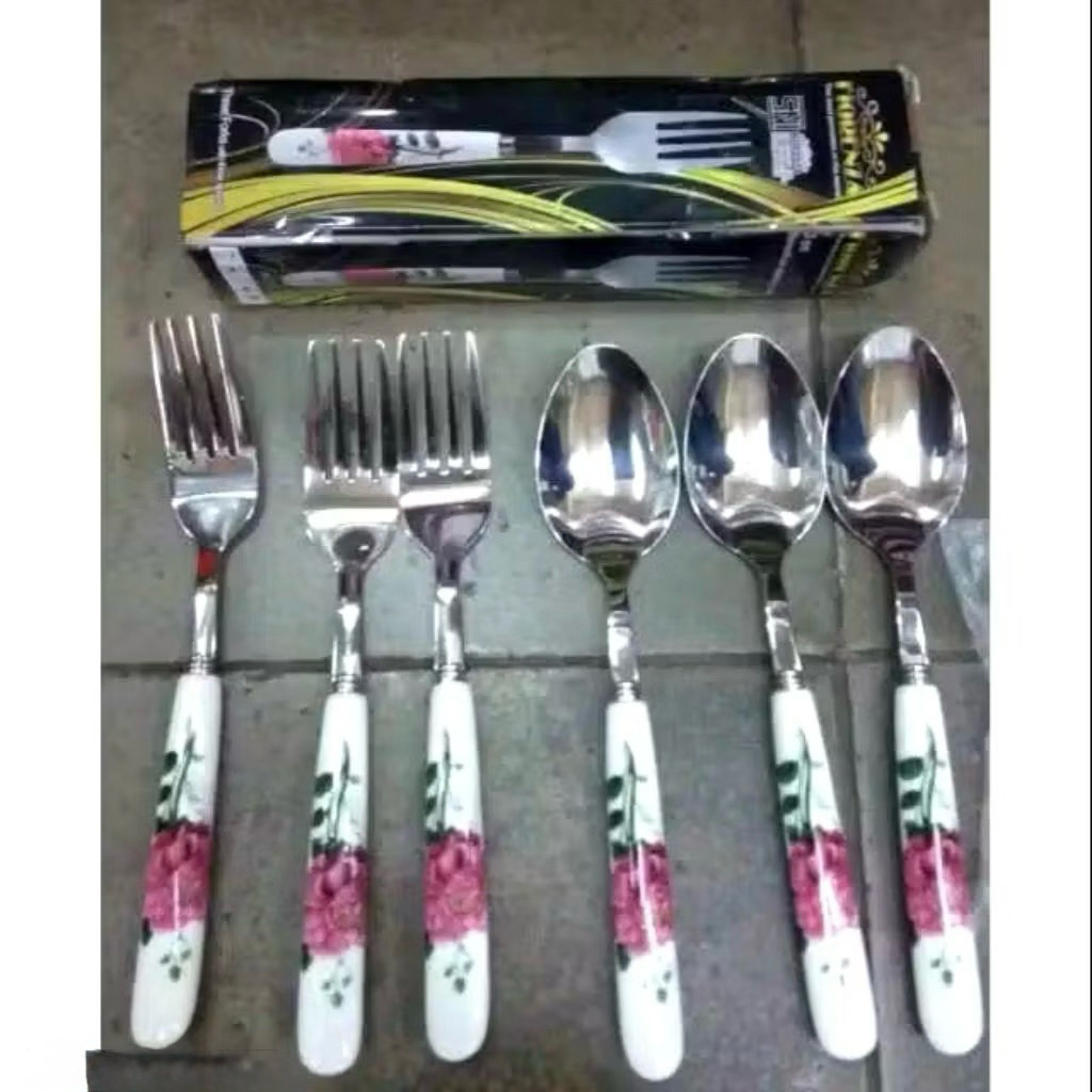 Sendok & Garpu Makan Set 6 Pcs Gagang Keramik Fiorenza AK-926