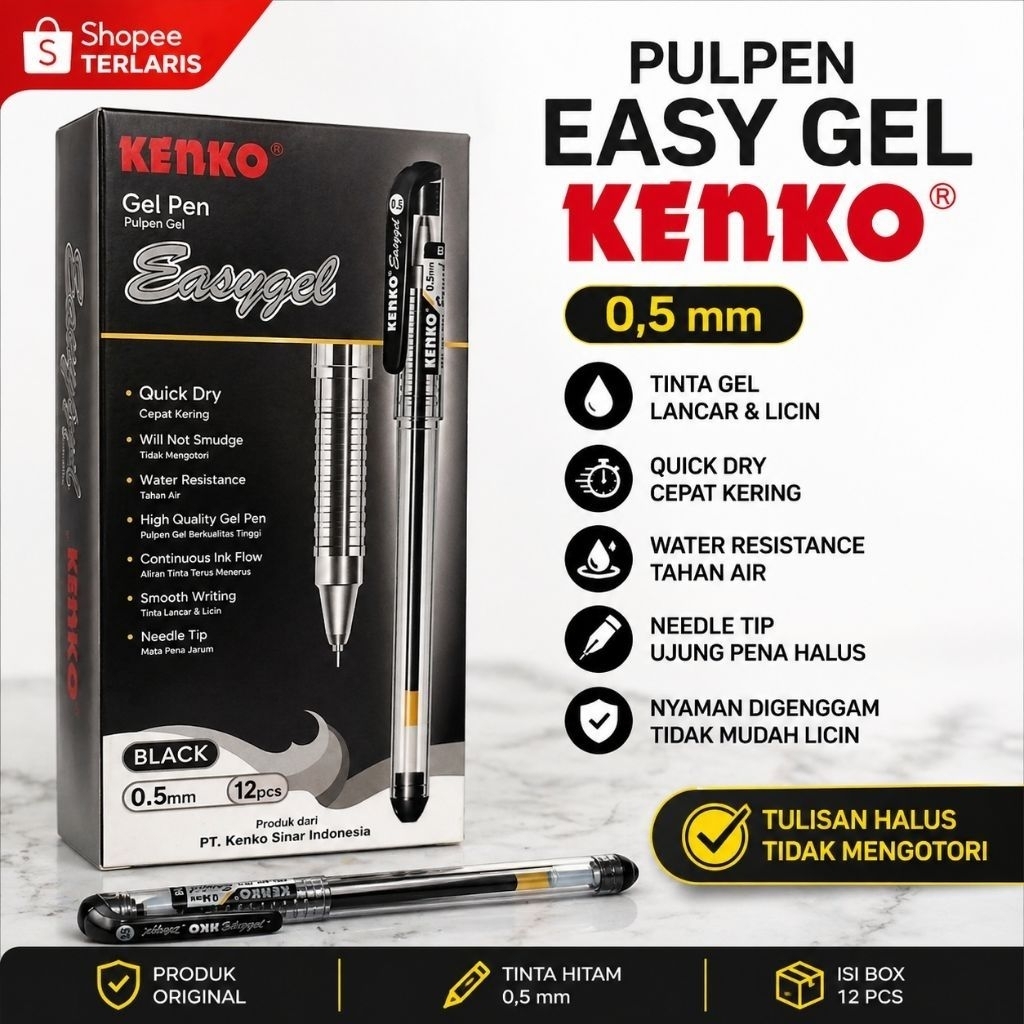 PULPEN KENKO EASY GEL HITAM 0.5mm PERLUSIN / PULPEN CAIR KENKO (1BOX=12PCS)