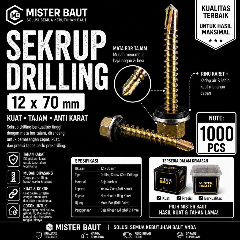 (1000 PCS) Sekrup Roofing Kuning #12x70/ Hex Flange Self Drilling Screw  / Baut Baja Ringan 7 CM