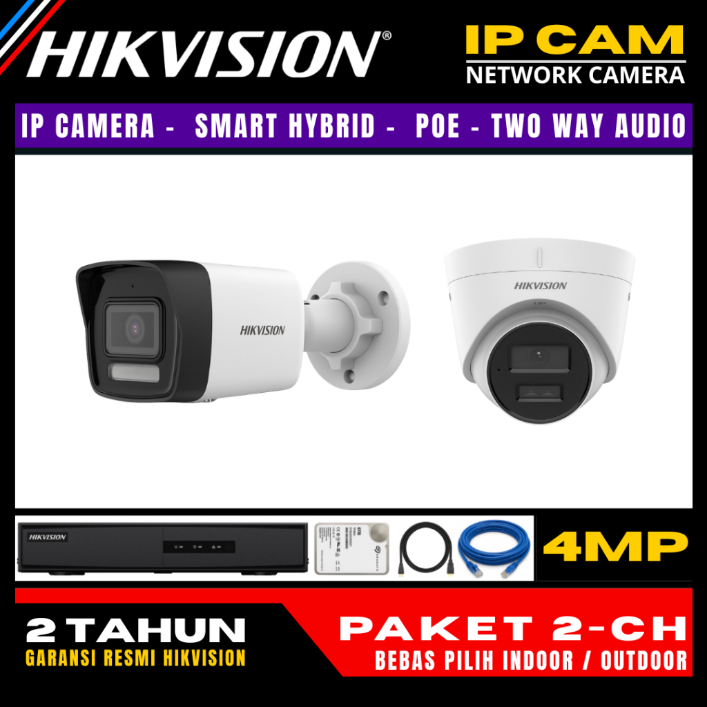 paket cctv hikvision ip camera 4mp two way audio 4 channel 2 kamera ip camera cctv