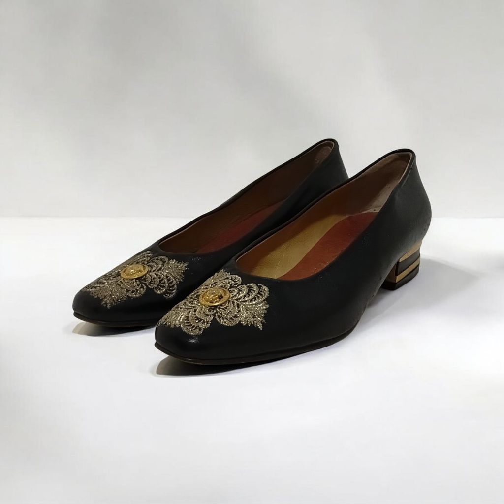 Versace Medusa Gold Embroidery Black Leather Heels Original