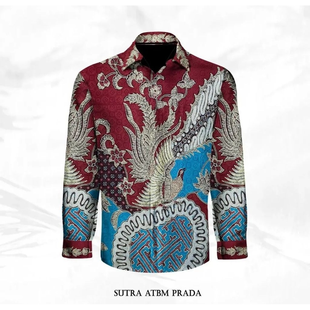 kain batik tulis pria prada emas warna merah bahan sutera atbm