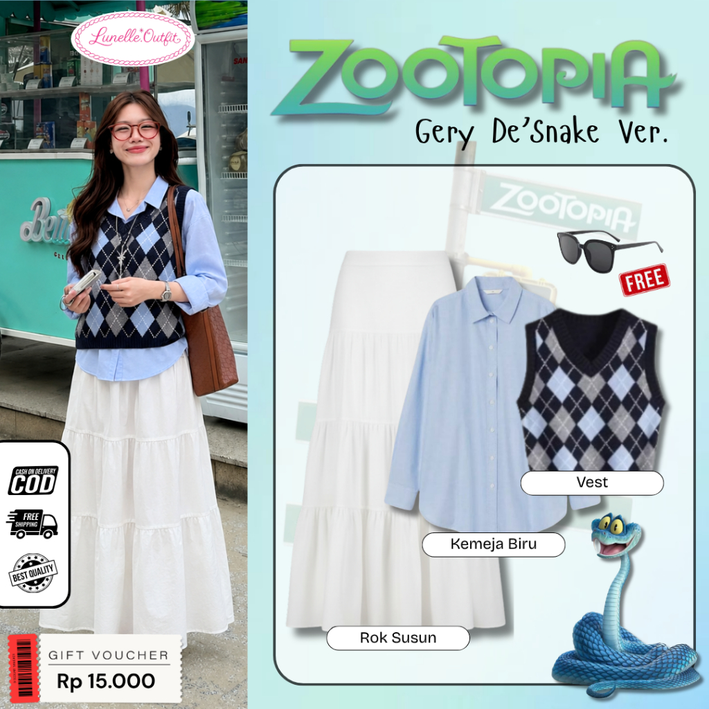 One Set 3in1 Yearbook Zootopia (Kemeja+Vest+Rok Susun+FREE Kacamata) Cosplay Gery De'Snake LO089