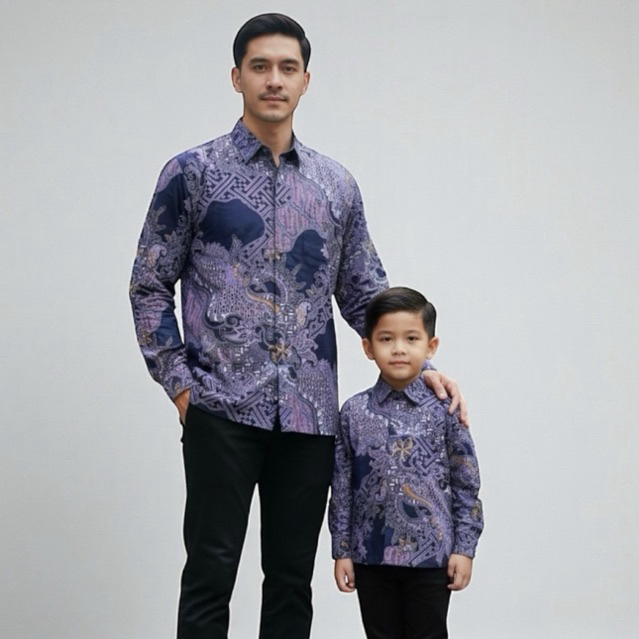Kemeja Batik Couple Ayah Anak Biru Dongker, Kemeja Batik Pria Dongker, Batik Pria Navy,