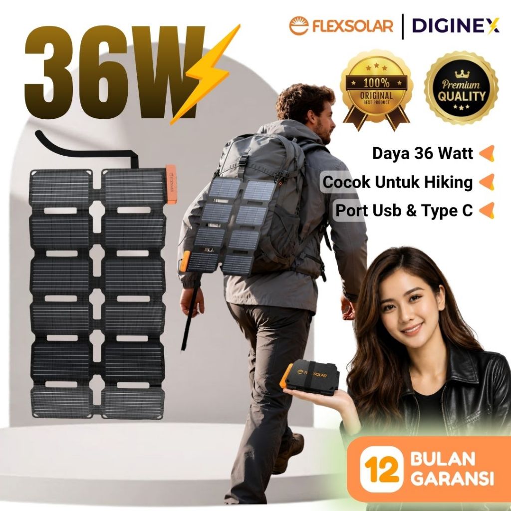 Charger Tenaga Matahari Surya 36W Flexsolar Solar Panel Portable Mini Pengisi Daya HP Outdoor