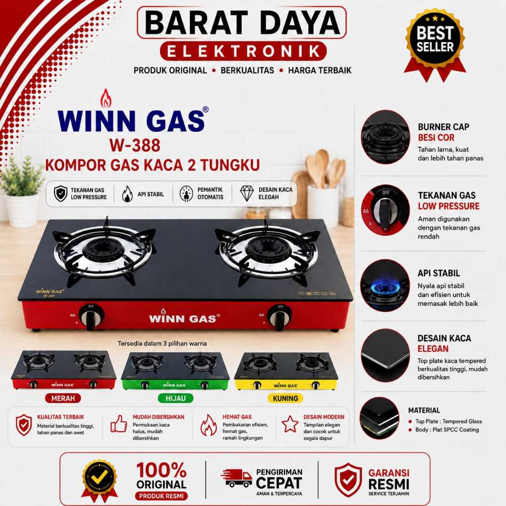 Winn Gas Kompor Gas Kaca W-388 Kompor Kaca 2 Tungku