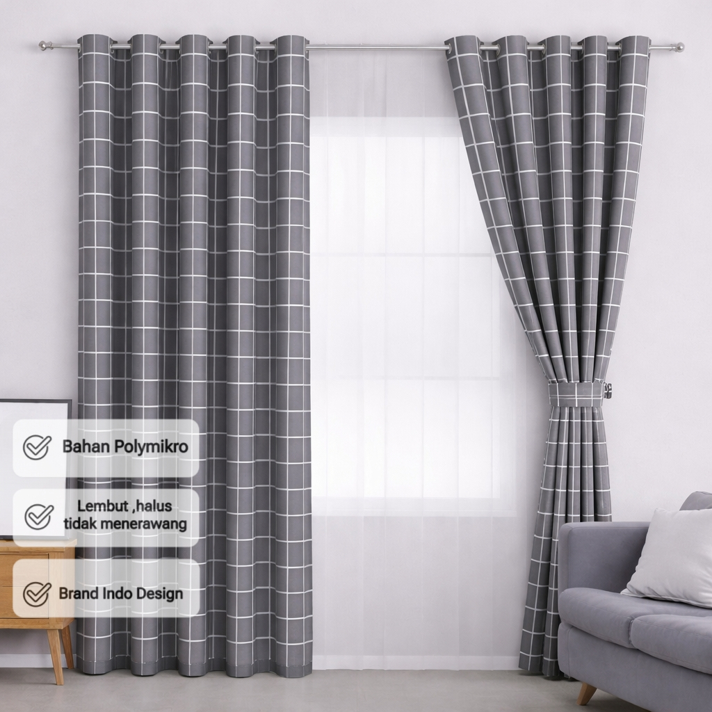 Gorden Jendela 3PCS Motif Kotak Smokring Tirai Jendela Pintu Kamar Aesthetic Tidak Menerawang
