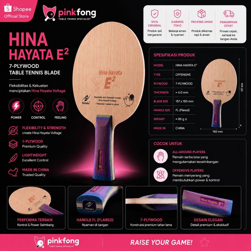 Nittaku Hina Hayata E2 | Blade Tenis Meja Original Japan – Control & Speed Seimbang
