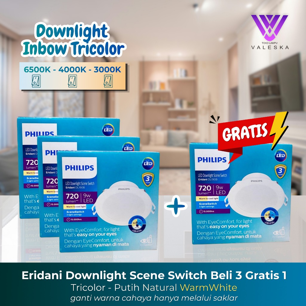 ERIDANI SSW Beli 3 Gratis 1 Philips Scene Switch Lampu Downlight Tricolor 3 Warna Cahaya 9W 12W 15W