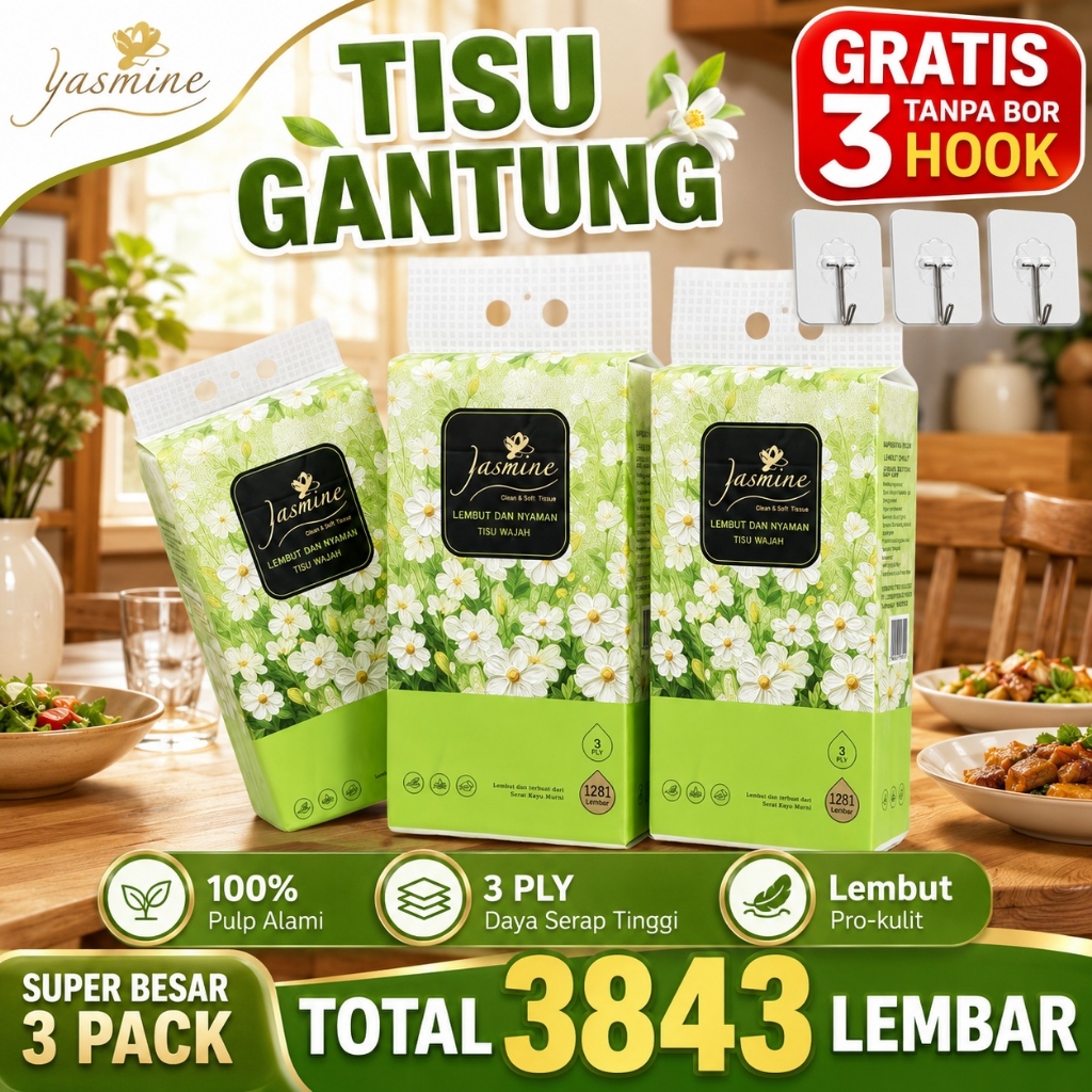 [GRATIS 3 HOOK]Yasmine Tissue Gantung 3 PLY 1281Lembar Tisu Murah Best Seller Tisu Rumah