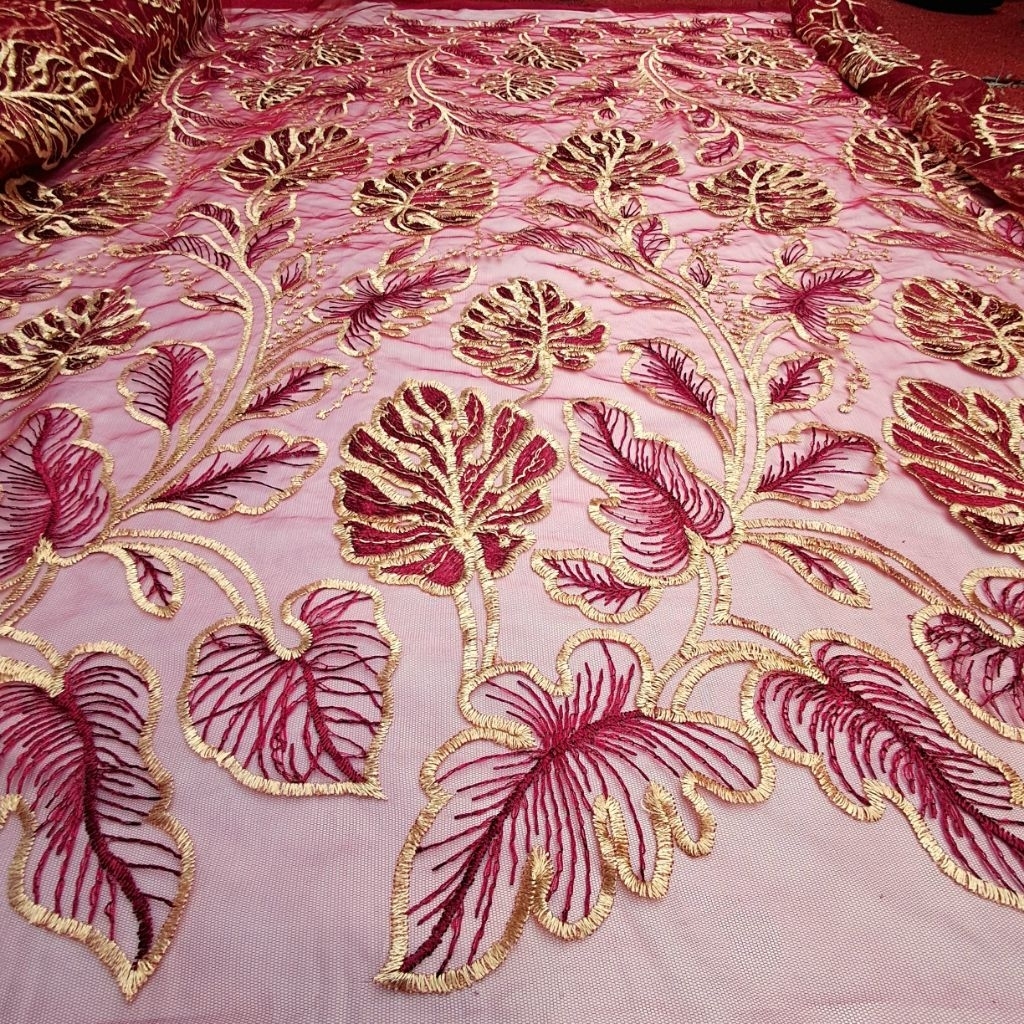 Kain Tile Bordir Premium Motif Daun Bunga Twotone Elegant/kain tile motif mewah redy rollan murah