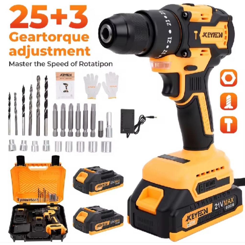 KEYTEN Bor Baterai set lengkap Bor 3mode Bor Brushless Bor Cordless