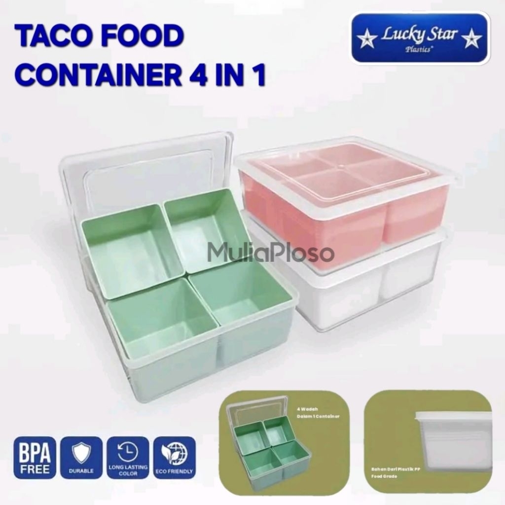 TACO FOOD Container 4 Sekat Lucky Star Wadah Makanan Snack Box BPA Free Food Grade 17,5cm