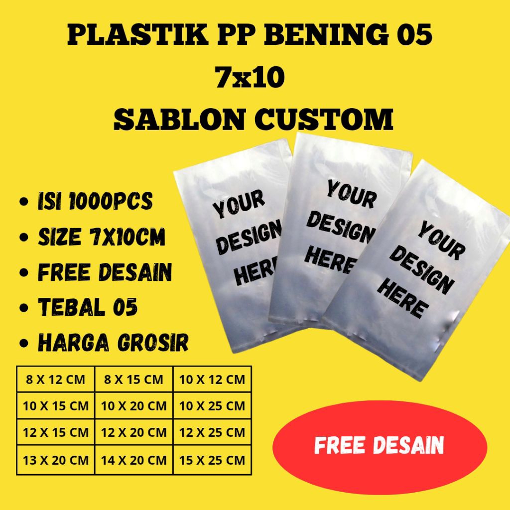 Plastik PP Sablon Custom 05 7x10cm Custom Sablon Tebal 05 – 1000pcs, Free Desain