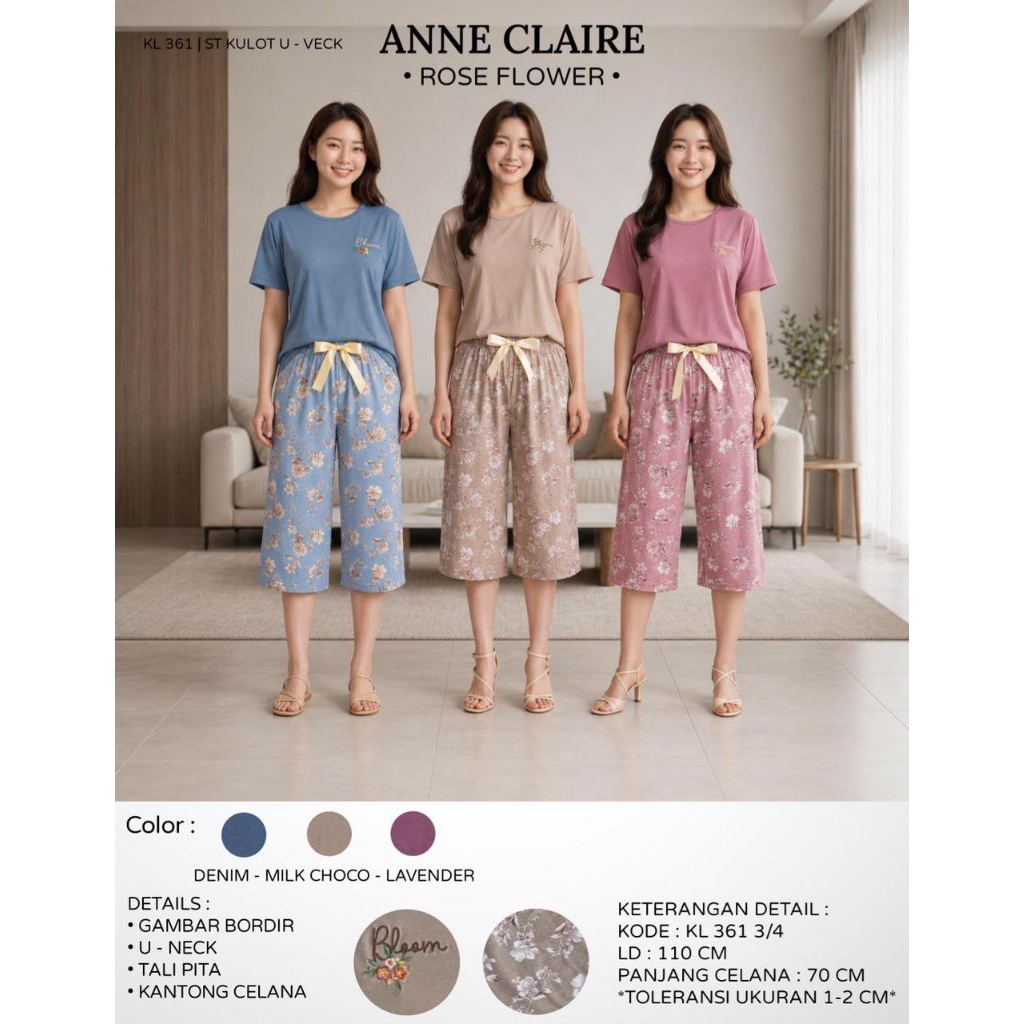 ANNE CLAIRE - Setelan U - Neck Rose Flower / Setelan Celana Kulot 3/4 / Setelan Lengan pendek dan Ce