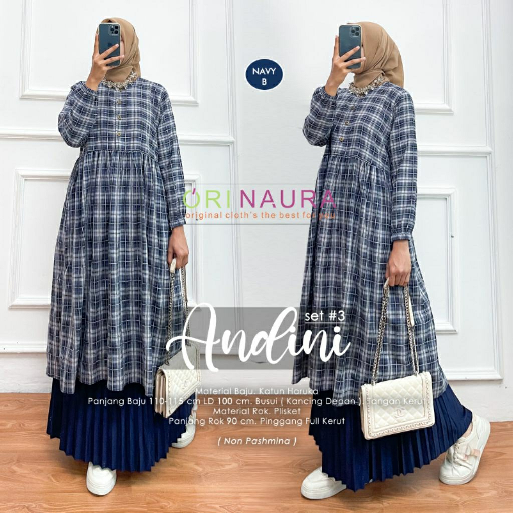 Andini setelan long tunik katun motif kotak kotak muslimah remaja