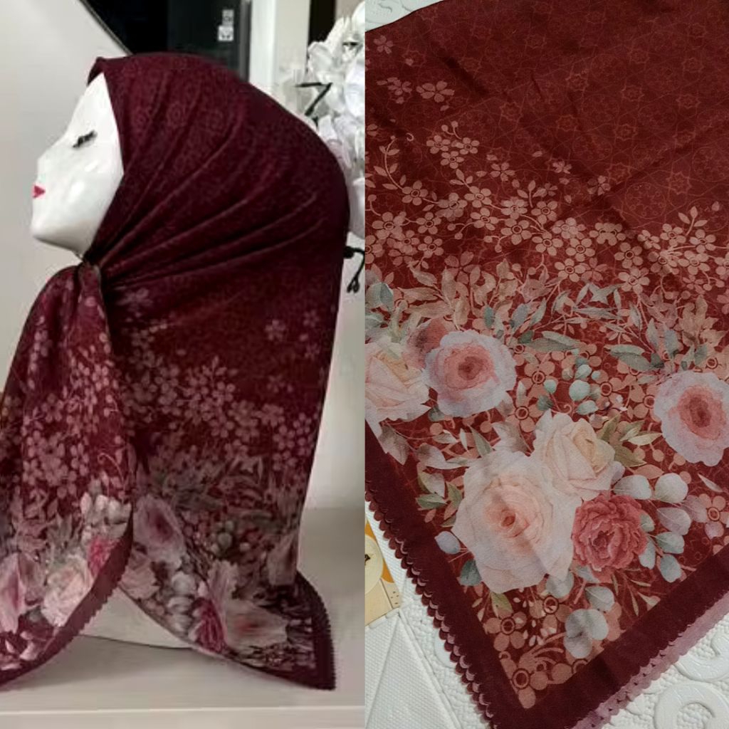 Hijab Segiempat Voal Premium Sublim Merah marun bunga hijab motif kerudung voal kerudung motif Hijab