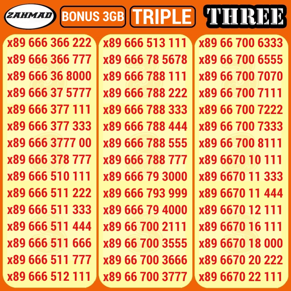 THREE-C) NOCAN Three Triple kartu perdana nomor cantik tri 777 888 999 murah