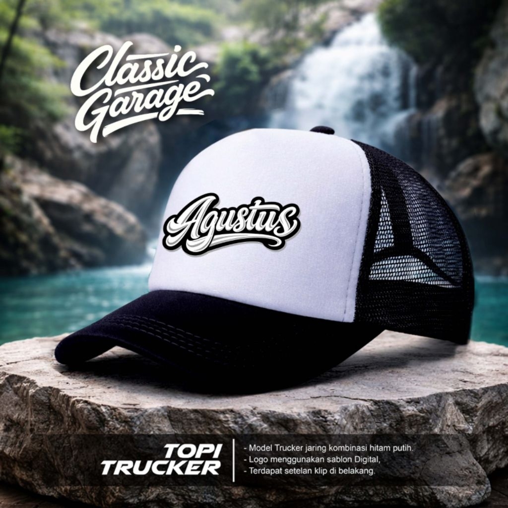 Topi trucker jaring hitam putih inisial logo Bold Bulan kelahiran Topi distro topi trendy gaya unik 