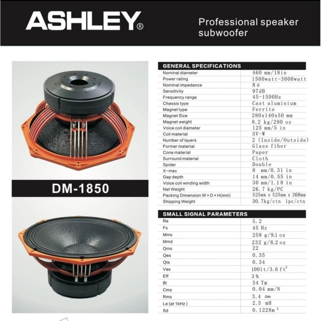 SPEAKER KOMPONENT ASHLEY DM-1850 SUBWOOFER 18 INCH PROFESSIONAL 3000 WATT