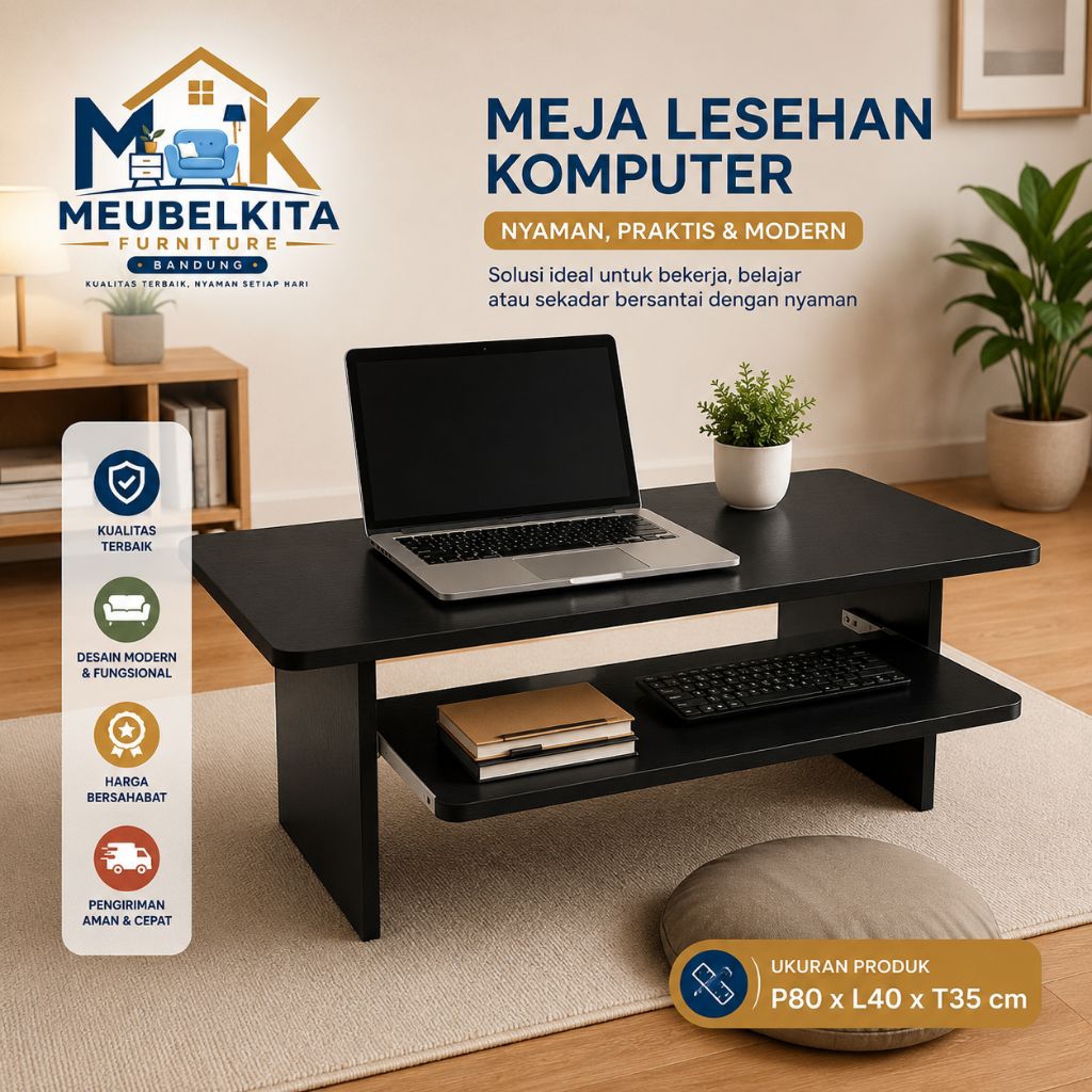 Meja Komputer Lesehan Minimalis Rak Bawah Meja Laptop Belajar Gaming Modern