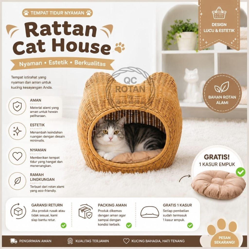 RUMAH KUCING ROTAN MODEL TELINGA GRATIS KASUR/KANDANG RUMAH KUCING ANJING ROTAN/CAT HOUSE HELLO KITT