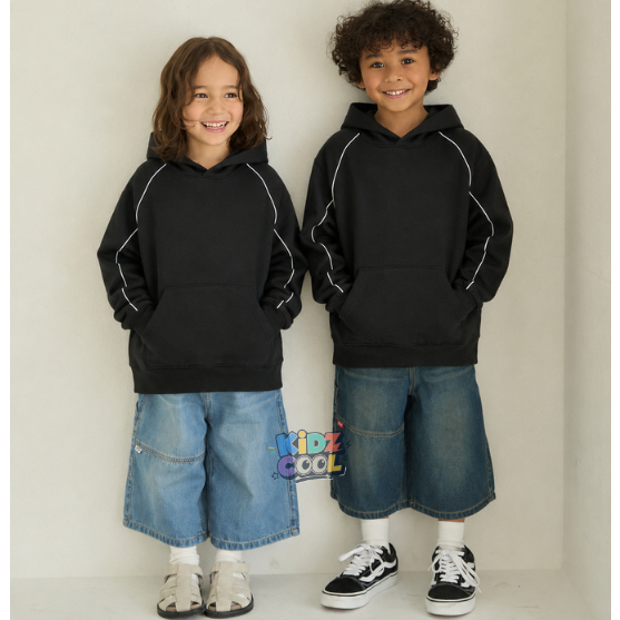 KIDZCOOL - Hoodie Anak Polos Hitam List Putih Premium Unisex Jaket Anak Kekinian