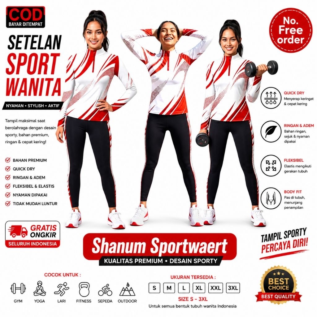 SETELAN BAJU OLAHRAGA SENAM WANITA SPECIAL MERAH PUTIH SXB SPORT COMPRESSION