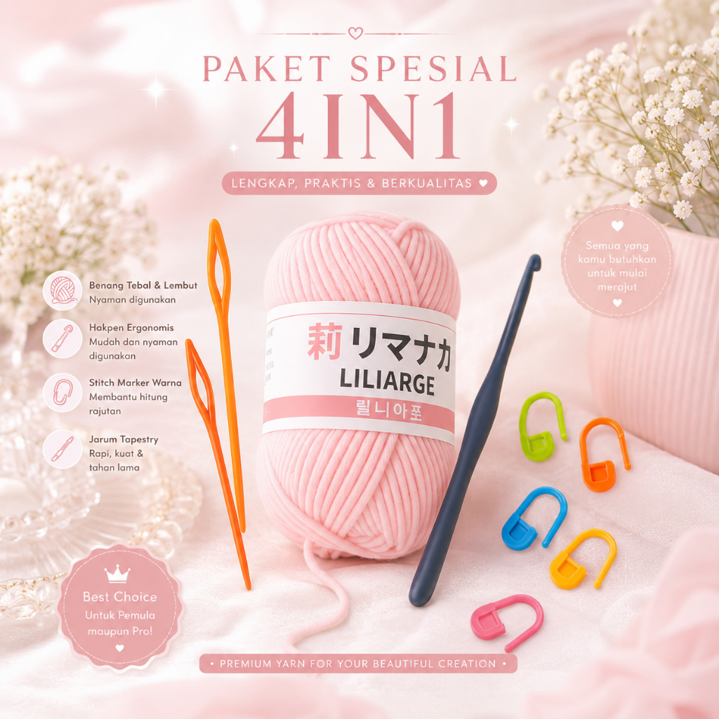 MADEBYBULAT - PAKET 4IN1 RAJUT PEMULA / BENANG DAN ALAT RAJUT SIMPLE