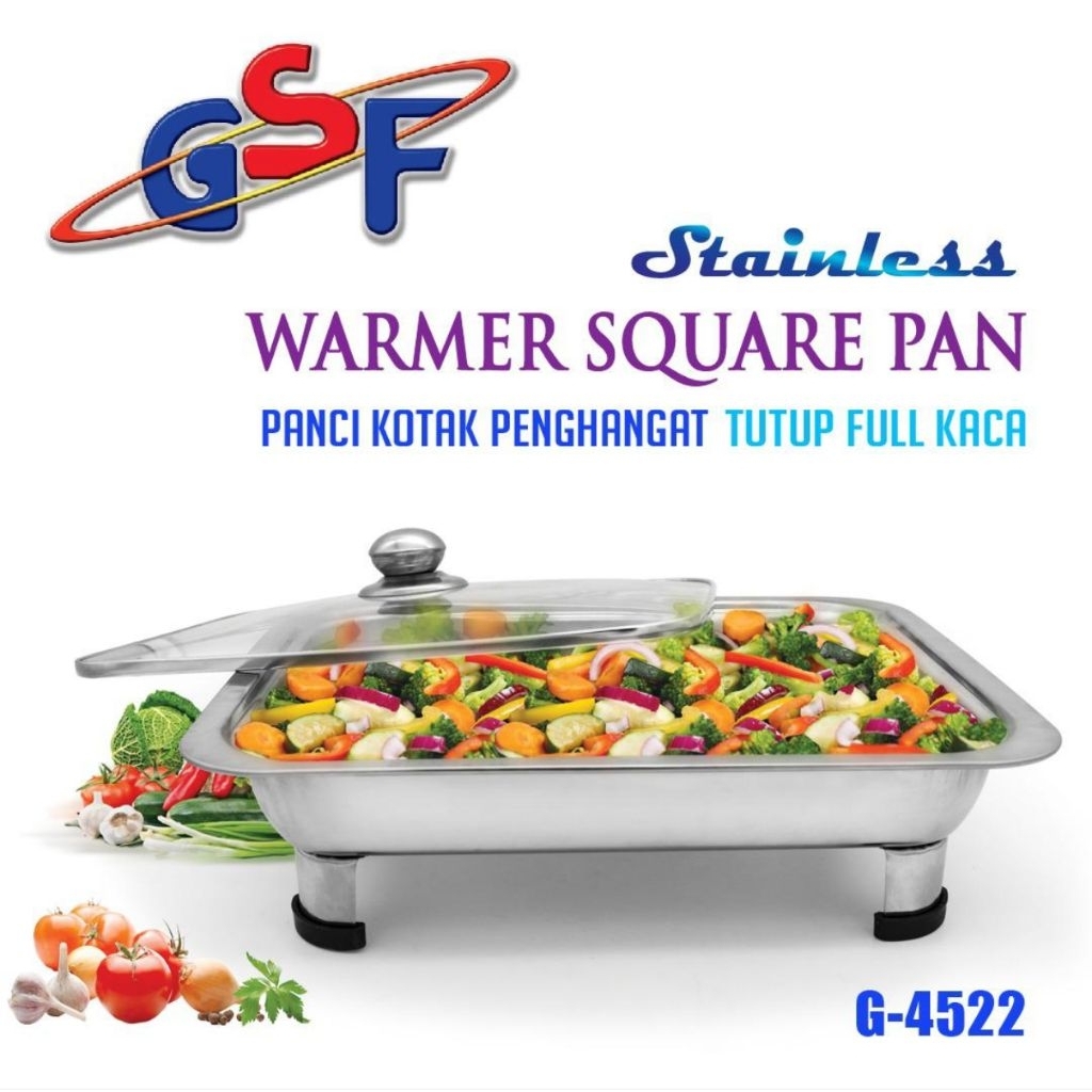 GSF Warmer Square Pan Stainless Steel G-4522 | Panci Penghangat Makanan Tutup Kaca | Chafing Dish Bu