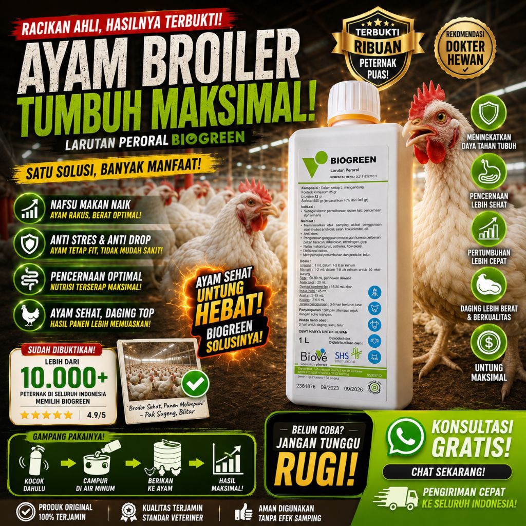 BIOGREEN 1 Liter | Solusi Ayam Broiler Susah Makan | BW Lambat | Vitamin Penggemuk Ayam, Nafsu Makan