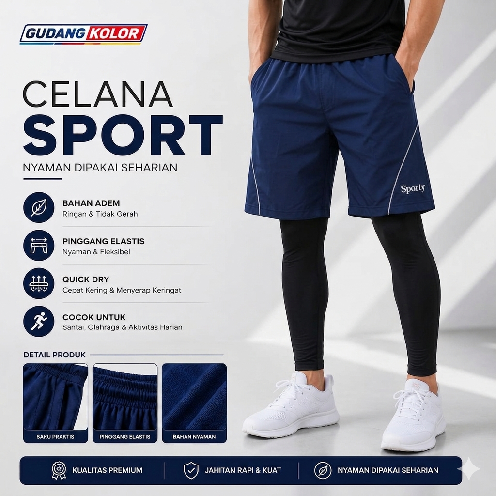 Celana pendek pria Kolor Dewasa sporty Adem Lembut Celana sport olahraga lari running Celana Santai 