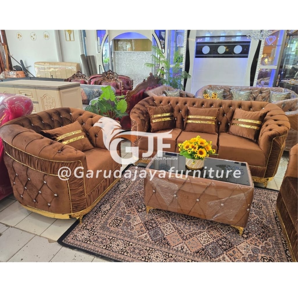SOFA 321 TURKI CHESTERFIELD BELUDRU + MEJA + BANTAL KAKI STAINLESS GOLD EMAS MEWAH MODEL TERBARU BIS