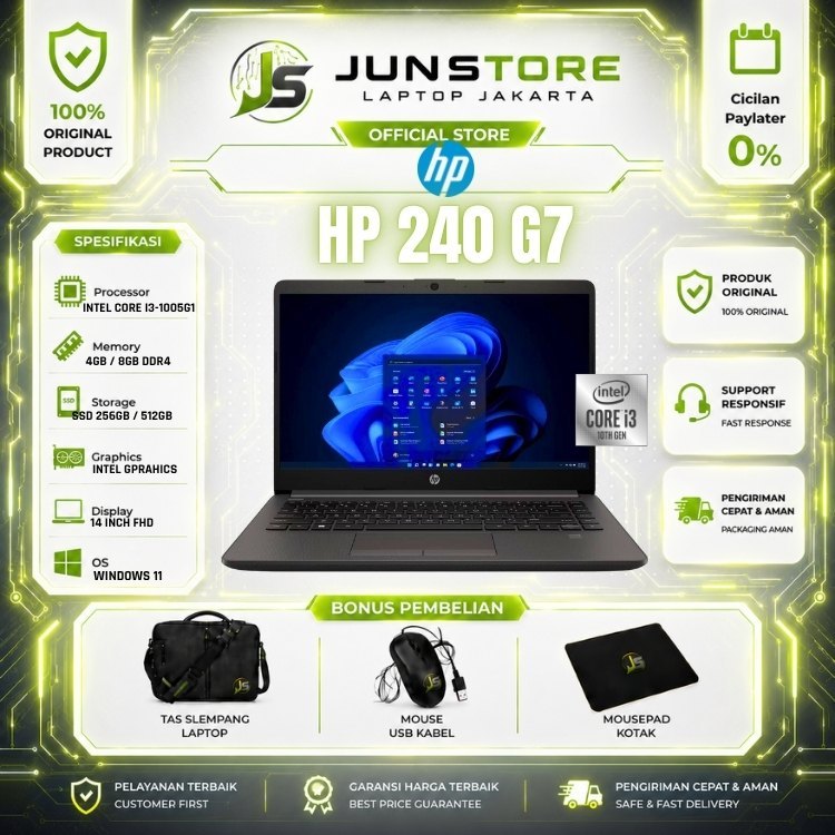 LAPTOP HP 240 G7 - intel Core i3 1005G1 RAM 8GB SSD 512GB 14 Win11 + Office FREE Tas Mouse