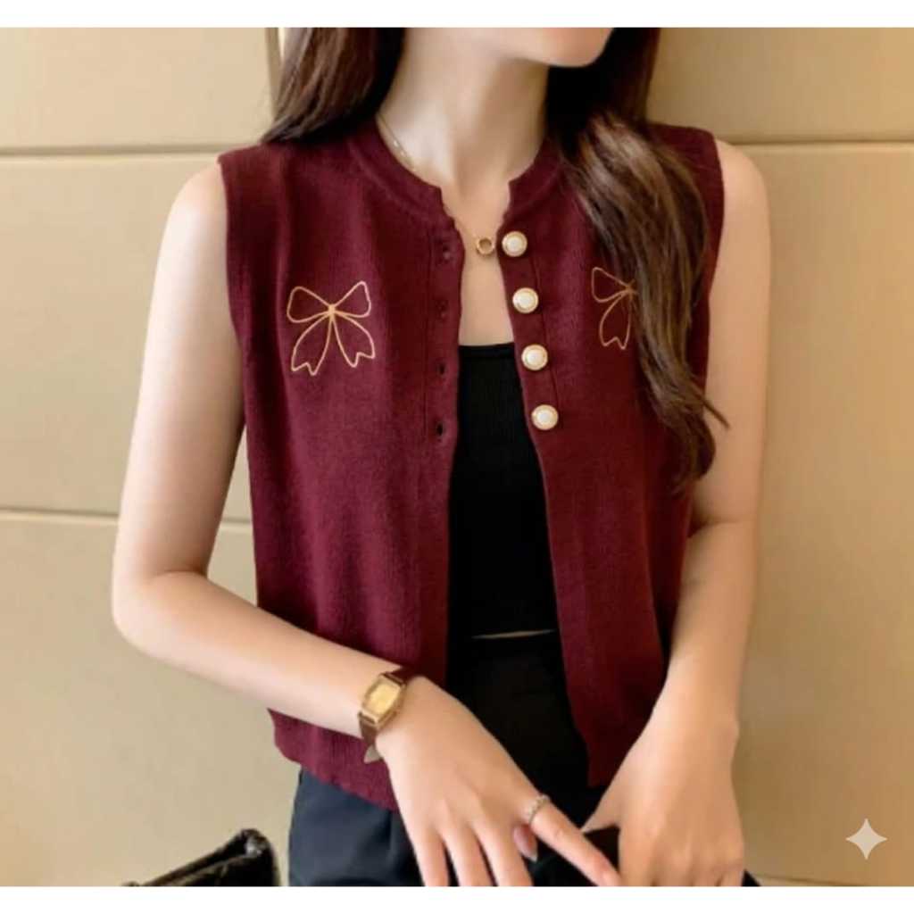 Jeonbok Vest Knit Premium - Rompi Rajut Bordir Atasan Wanita - Spring Tops