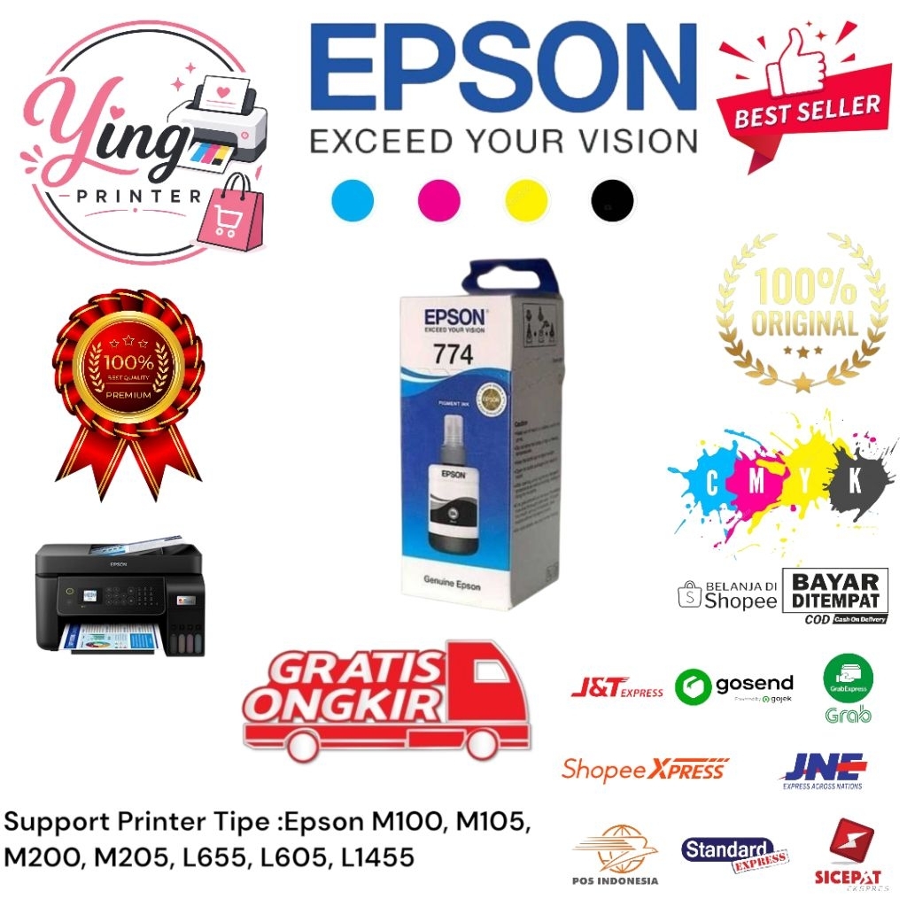 Tinta Epson 774 Original Warna Black ‎Support Printer Epson M100,M105,M200,M205,L655,L605,L1455