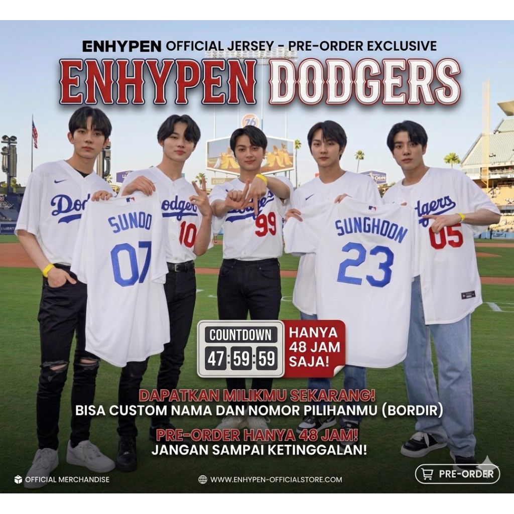 Jersey Baseball Enhypen X Dodgers Outerwear White Kancing Aktif - Custom Nama & Nomor - Bordir