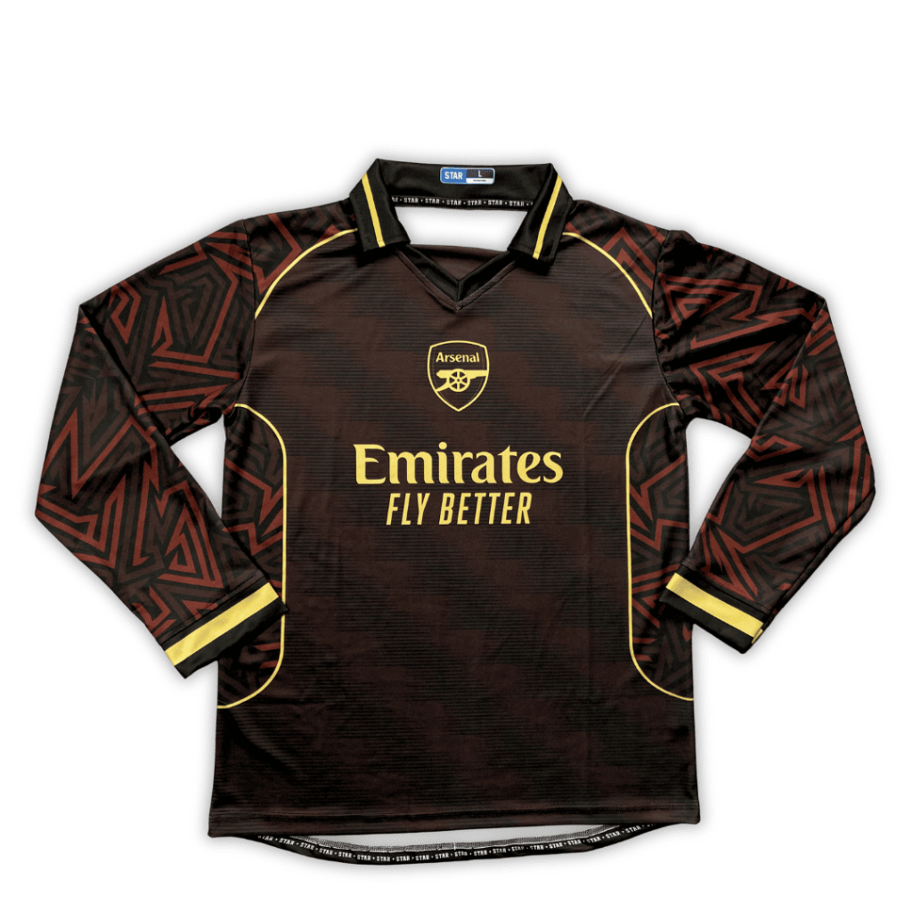 Kaos Bola Arsenal Jersey Panjang Hitam Merah Motif Geometris Sponsor Emirates Fly Better