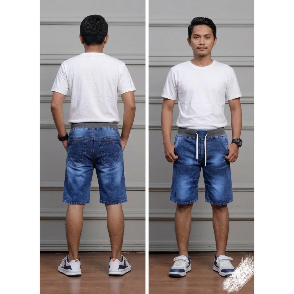 Celana Pendek Jeans Pria Dewasa Ringkel Pinggang Karet Melar Tali Kolor Laki Cowo Cowok Warna Snow B