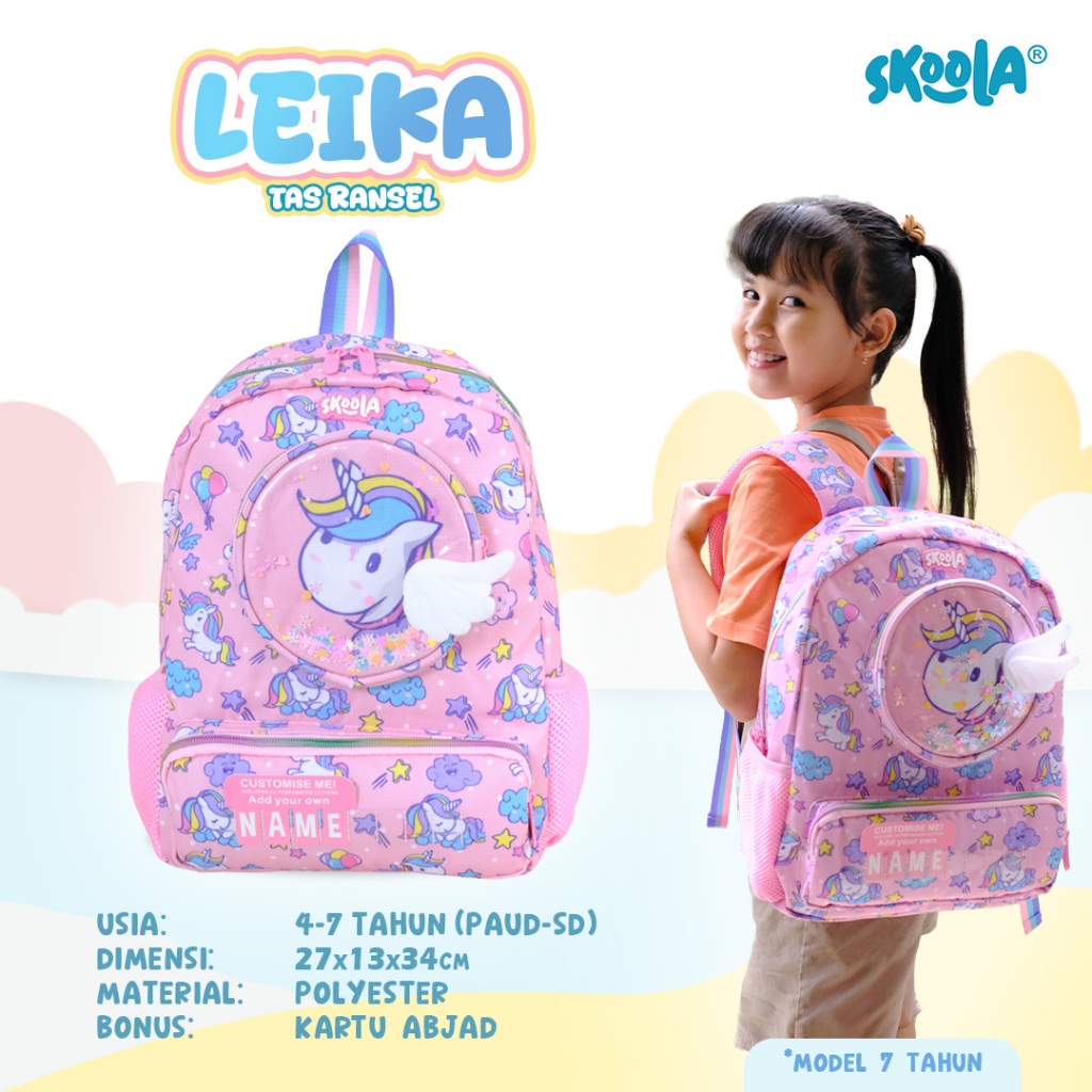 Skoola Tas Sekolah Anak PAUD TK Perempuan Karakter Unicorn Custome Name - Leika