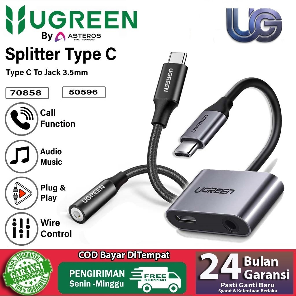 UGREEN Converter Splitter Type C To Jack 3.5mm Audio Music, Call, & Charging for Xiaomi, Oppo, Vivo,