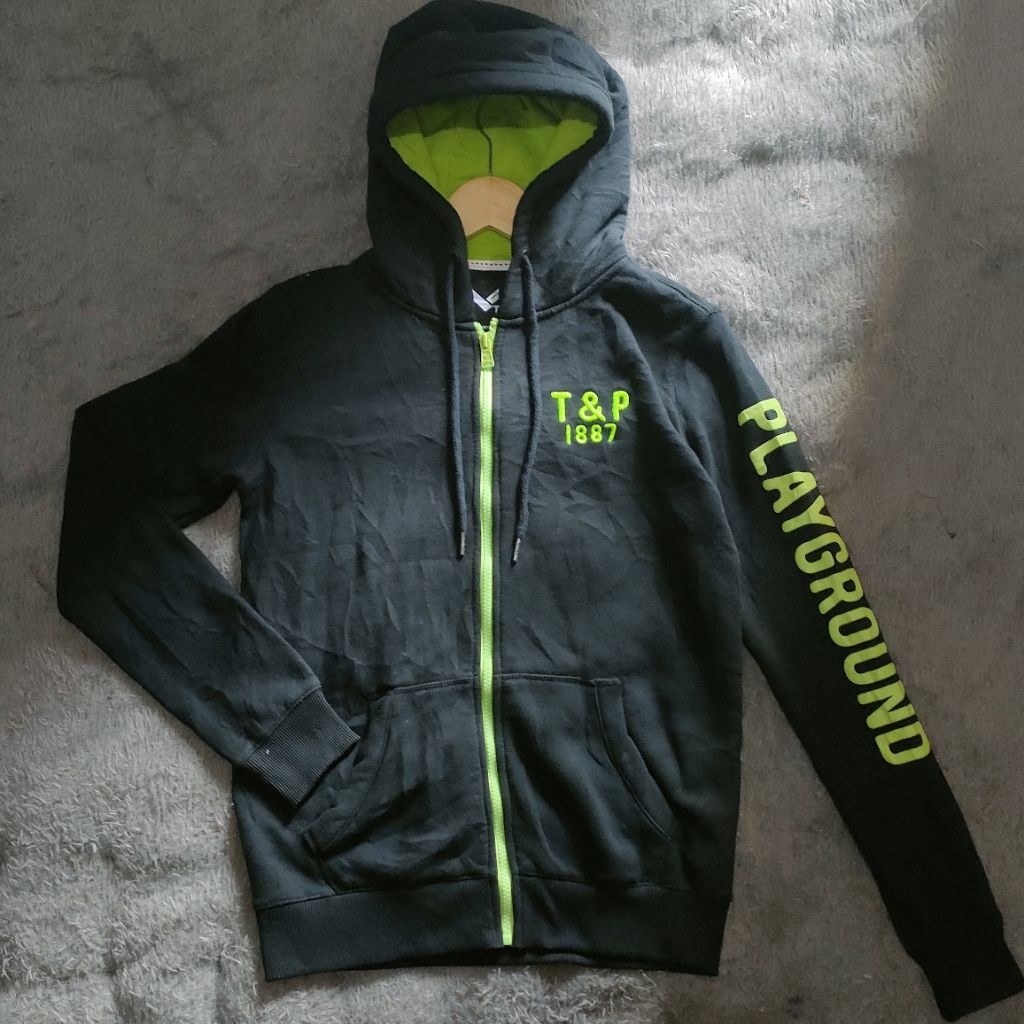 Polham x Playground Zipper Hoodie Bordir Logo Spellout Cotton Fleece Hitam