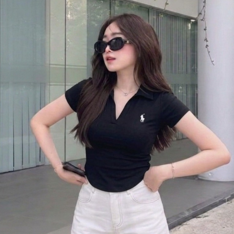 Crop Top Wanita Bordir Polo Kerah V-Neck - Atasan Wanita Crop Top Lengan Pendek 70