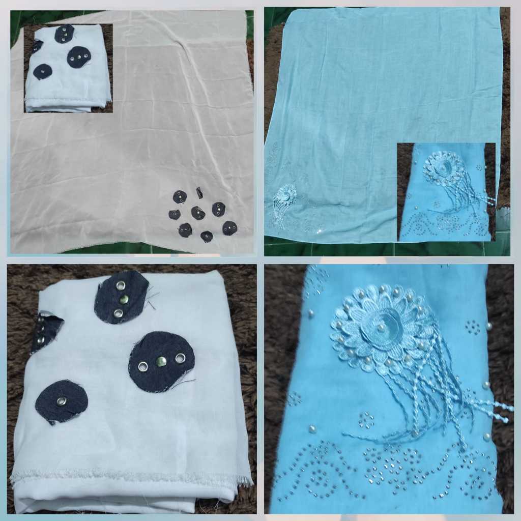 Seken/Preloved Hijab Segi Empat Putih POLITE Ada Hiasan Bulat2 Denim/Biru Muda AZARA Perpayet