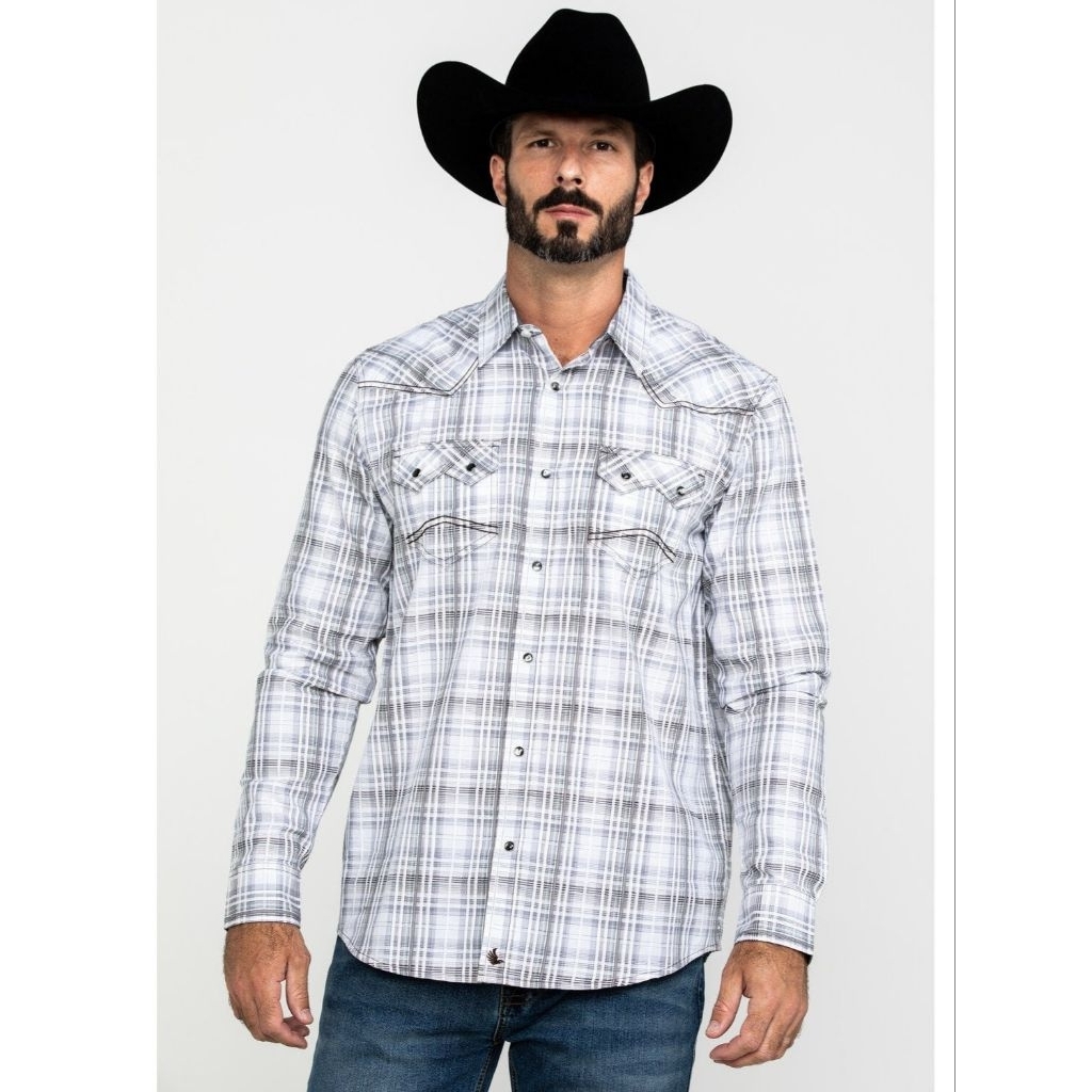 Preloved Kemeja Pria Cody James Long Sleeve Western Sawtooth Snap Shirt - White Plaid